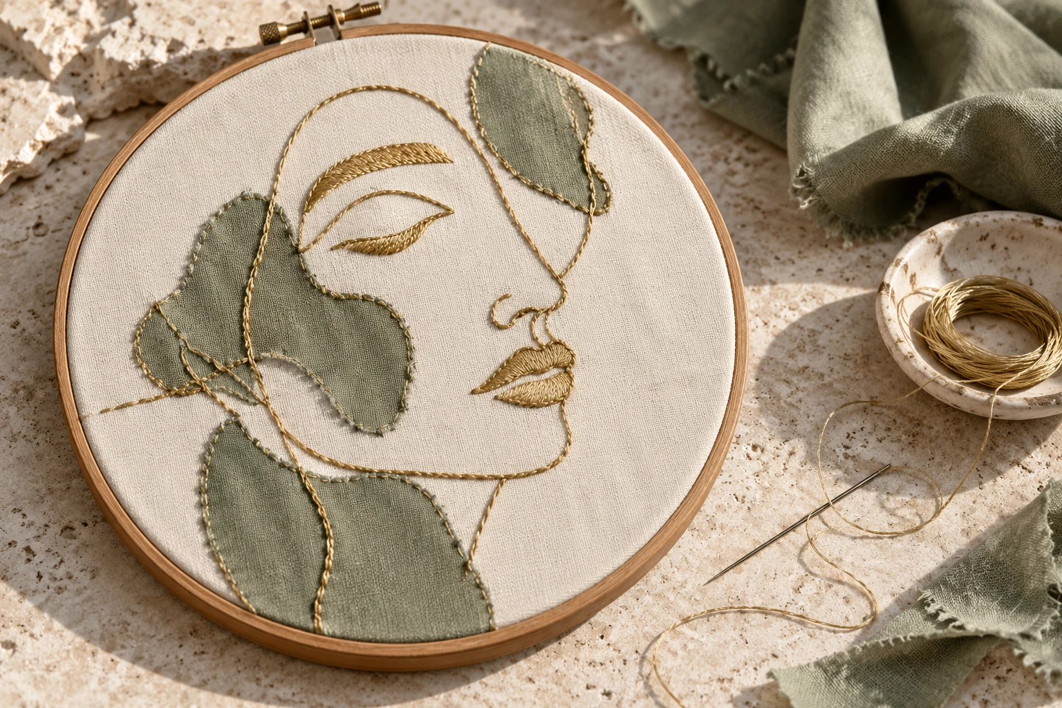 Concept embroidery hoop with abstract textile artwork