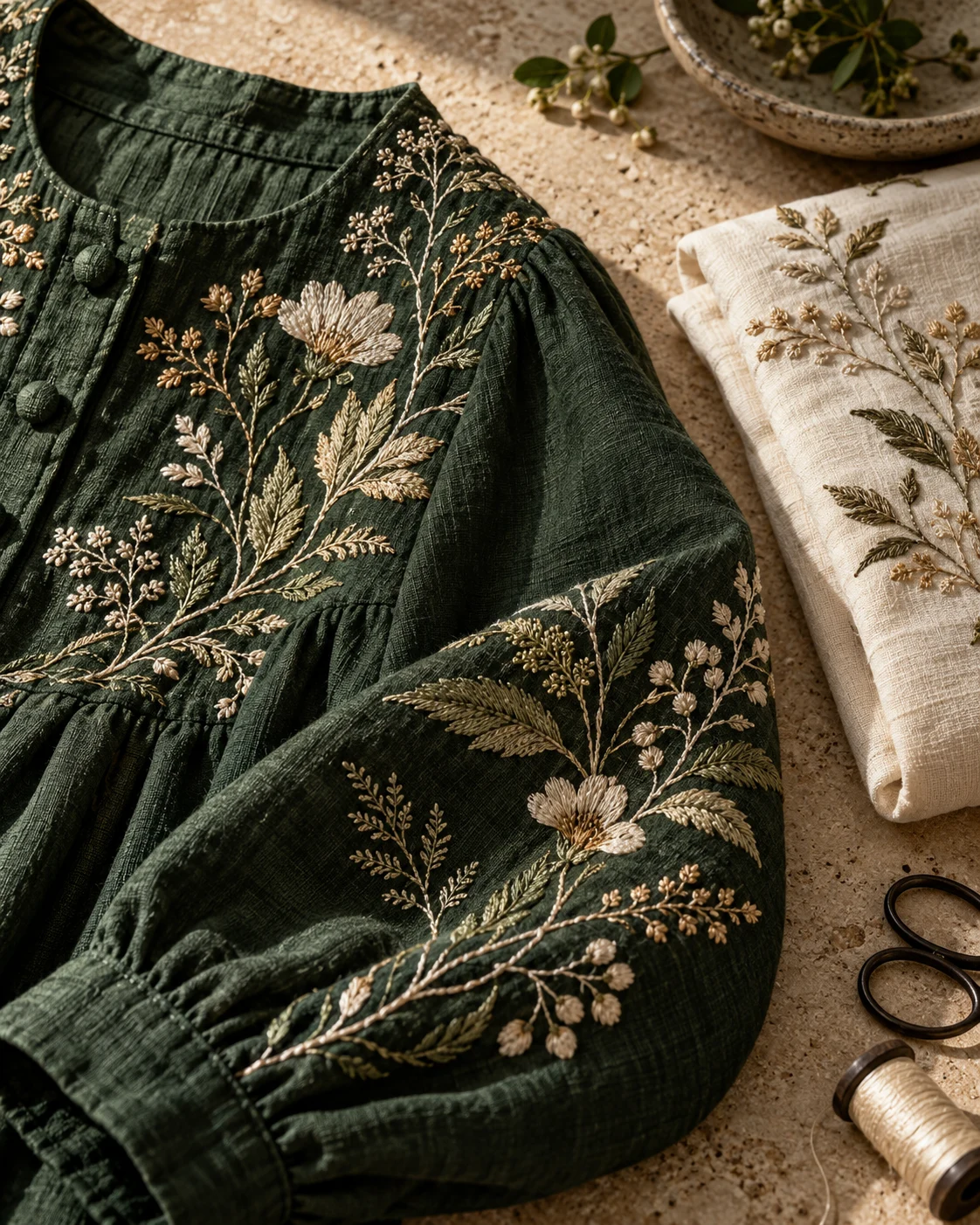 Concept botanical stitching on forest green linen